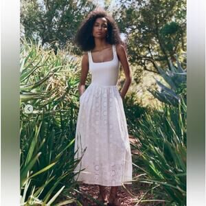 Paige Morel Midi Dress Size Small White Cotton Eyelet Square Neck Sleeveless